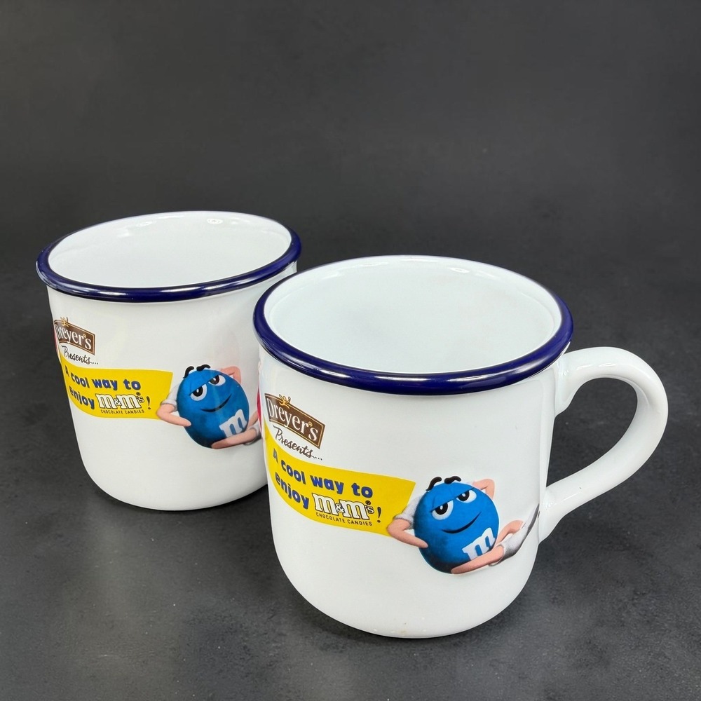 M&M's Dreyer's Ice Cream Coffee Mugs Set of 2 Blue Rim White Ceramic 3.5" Tall